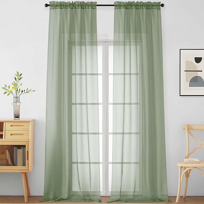 Sage Green Sheer Curtains for Windows 108 inches Long 2 Panels Set, Soft Lightweight Light Filtering Drapes for Living Room Bedroom, Dual Rod Pocket Sheer Curtains, 2x42Wx108L inches
