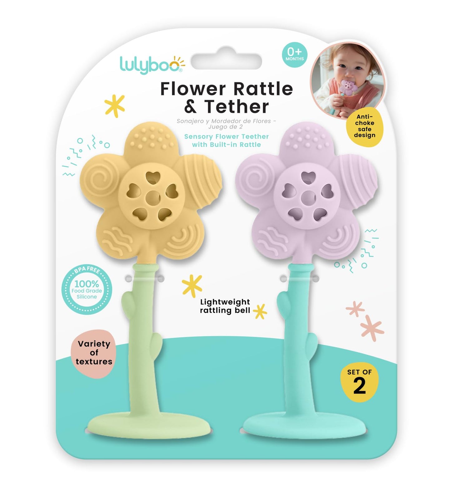 Lulyboo Flower Rattle & Teether Set for Babies - 100% Food Grade Silicone Soft Textures, Gentle Gum Massage, Lightweight Built-in Rattle, Easy-Hold Stem, Age 0+, Durable & Easy-Clean, Soothing Comfort