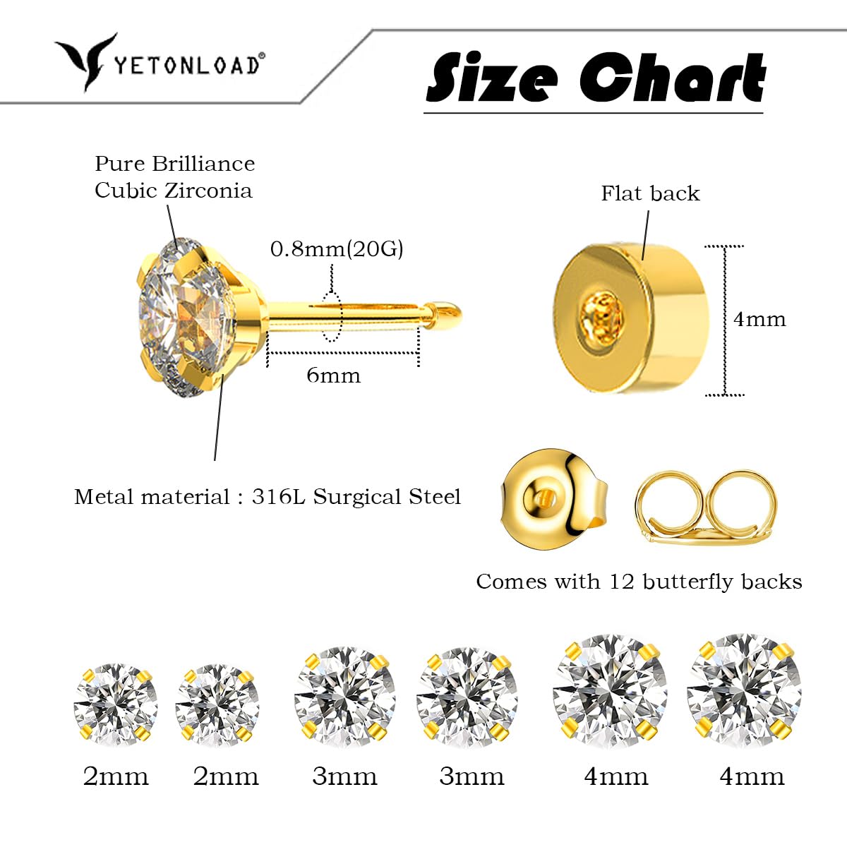 Yetonload Threadless Flat Back Tiny Stud Earrings,Surgical Grade Titanium Hypoallergenic Earrings Men,Gold Cubic Zirconia Studs,Stainless Steel Set, 2-4MM Cartilage Earrings,6 Pairs (A-Gold)