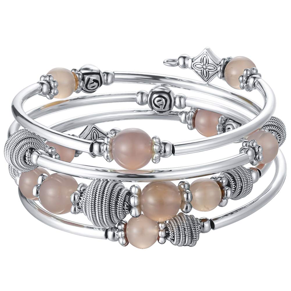 PEARL&CLUB Beaded Chakra Bangle Turquoise Bracelet - Fashion Jewelry Wrap Bracelet with Thick Silver Metal and Mala Beads, Birthday Gifts For Women(Agate grey)