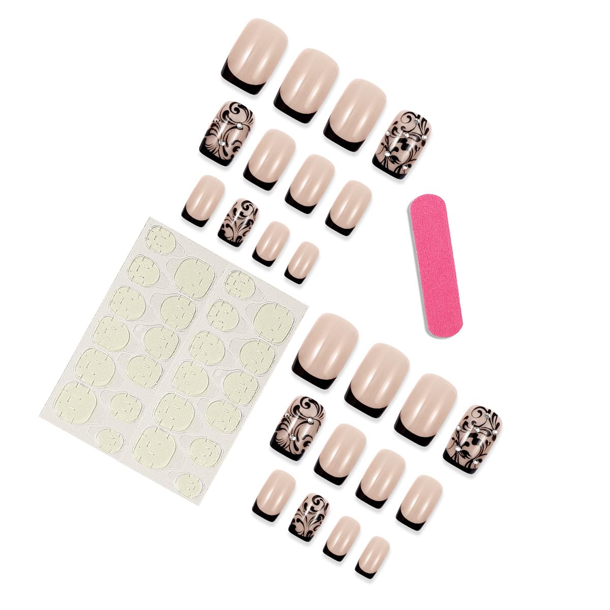 24 Pcs Press on Nails - Black French Tip with Elegant Swirl Design & Rhinestones - Glossy Reusable False Nails Kit with Nail File and Glue Adhesive Tabs