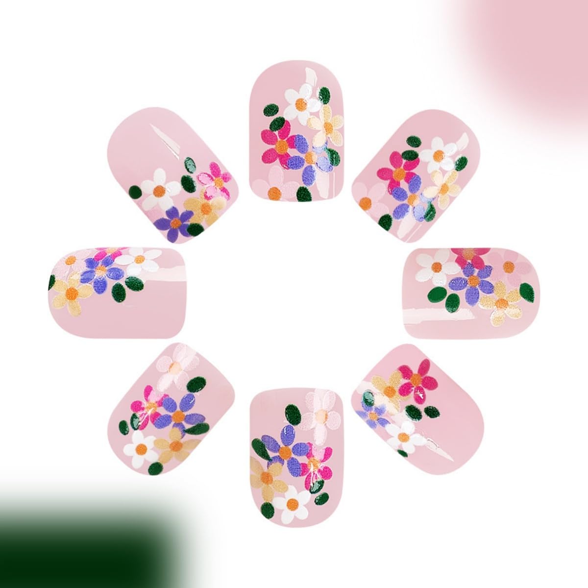 Flower Press on Nails Short Square Fake Nails Pink False Nails Press ons with Designs Floral Glossy Full Cover Cute Acrylic Glue on Nails Artificial Spring Stick on Nail for Women Manicure 24Pcs