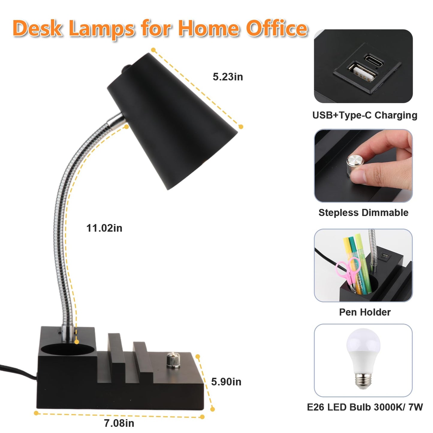 LALISU Study Desk Lamp with USB Charging and Type-C Night Light, Gooseneck LED Table Lamp Stepless Dimming Study Table Lamp with Pen Holder for College Dorm Bedroom and Office (Black)