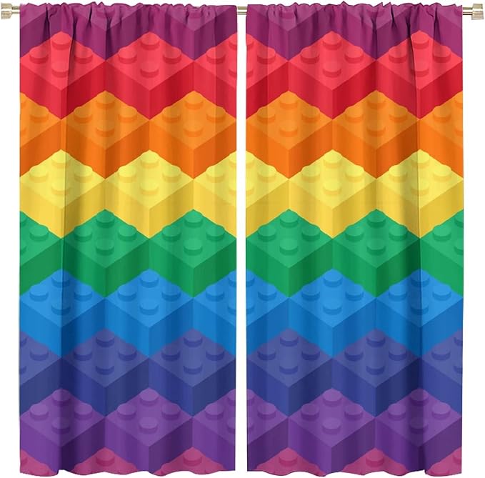 Colorful Building Blocks Cartoon Toy Printed Curtains, Bedroom, Living Room, Architecture, Curtains, Fun Brick 3D Design Curtains, Children's Living Room, Window Treatment Panels 2 Panels 42x45in