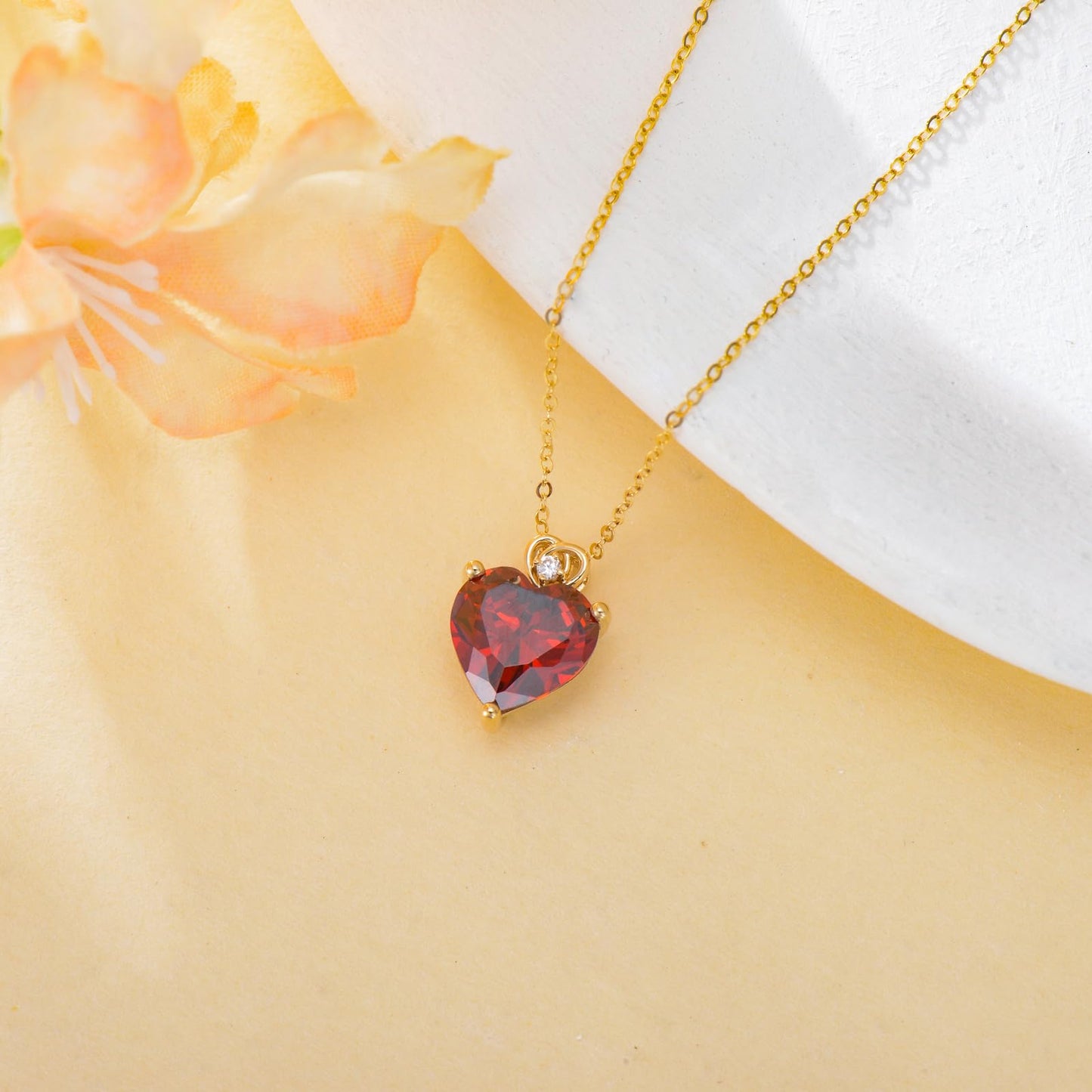 NFYBD 14k Gold Love Heart Garnet Birthstone Pendant Necklace for Women 3 Carat Heart-cut Created Gemstone Anniversary Birthday Mother's Day Necklaces for Her 16+1+1 inch-Jan