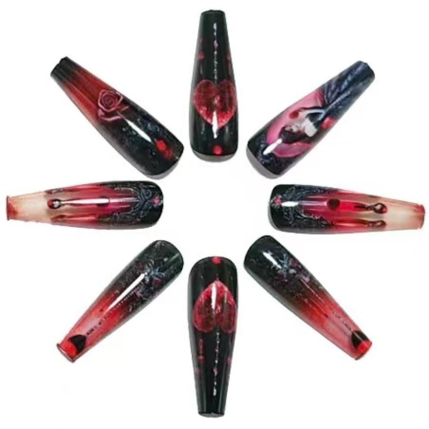 Chunmeng Gothic Press on Nails Long Coffin, Black Red Rose Fake Nails with 3D Rose Heart Charms, Dark Baroque Princess Design Glue on Nails, Luxury Rhinestone Acrylic False Nails for Women