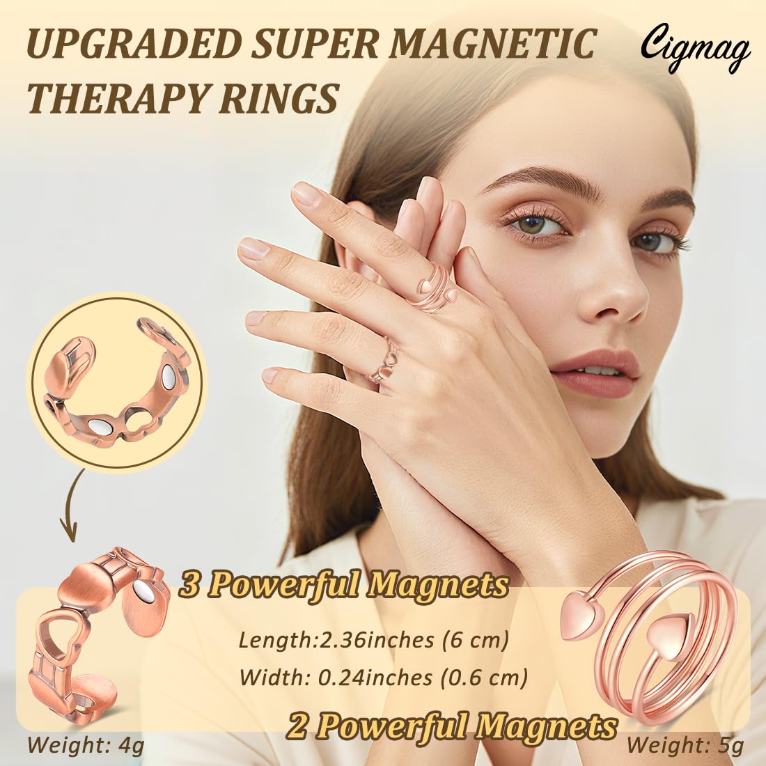 Cigmag 2PCS Copper Rings for Women, with Powerful Magnets, Adjustable Solid Pure Copper (Rose Gold Heart & Love)