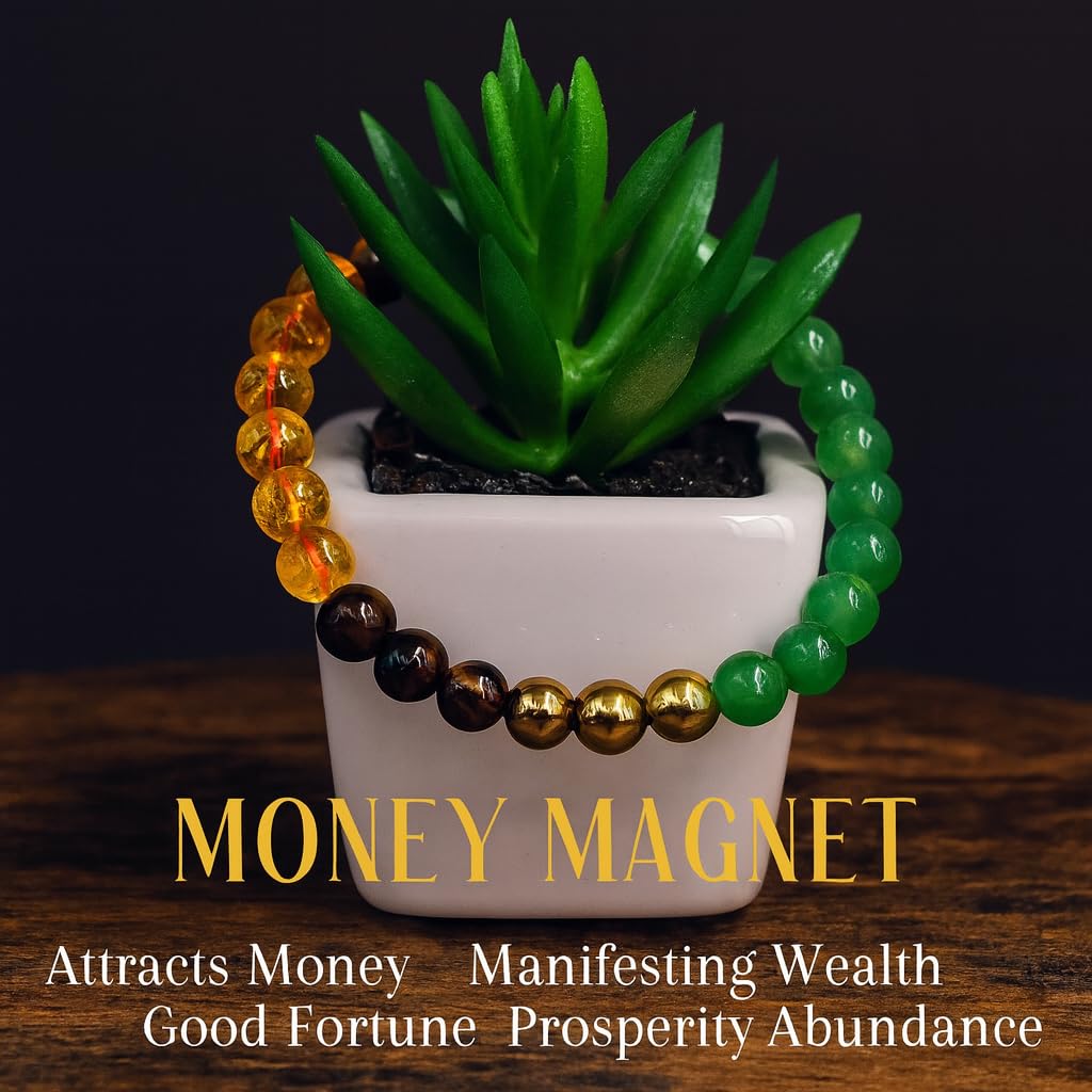 PRECIOUS PEBBLE Wealth & Confidence Bracelet for Men & Women, Natural Pyrite, Green Aventurine, Hematite & Citrine Beads – 8mm Adjustable Stone Bracelets for Focus, Style, Clarity & Everyday Wear