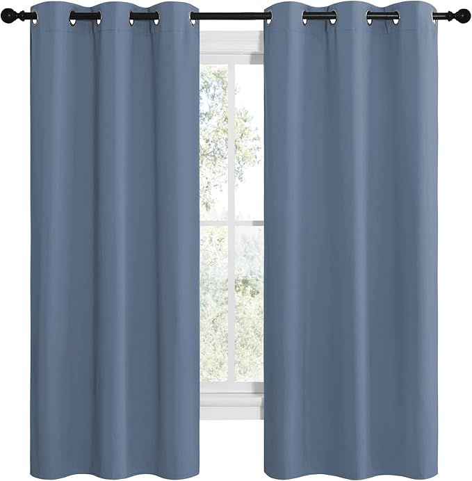 NICETOWN Short Curtains for Kitchen, Thermal Insulated Solid Grommet Blackout Window Treatment Curtain Panels for Loft, Cafe (Stone Blue, 1 Pair, 42 inches Wide by 68 inches Long)