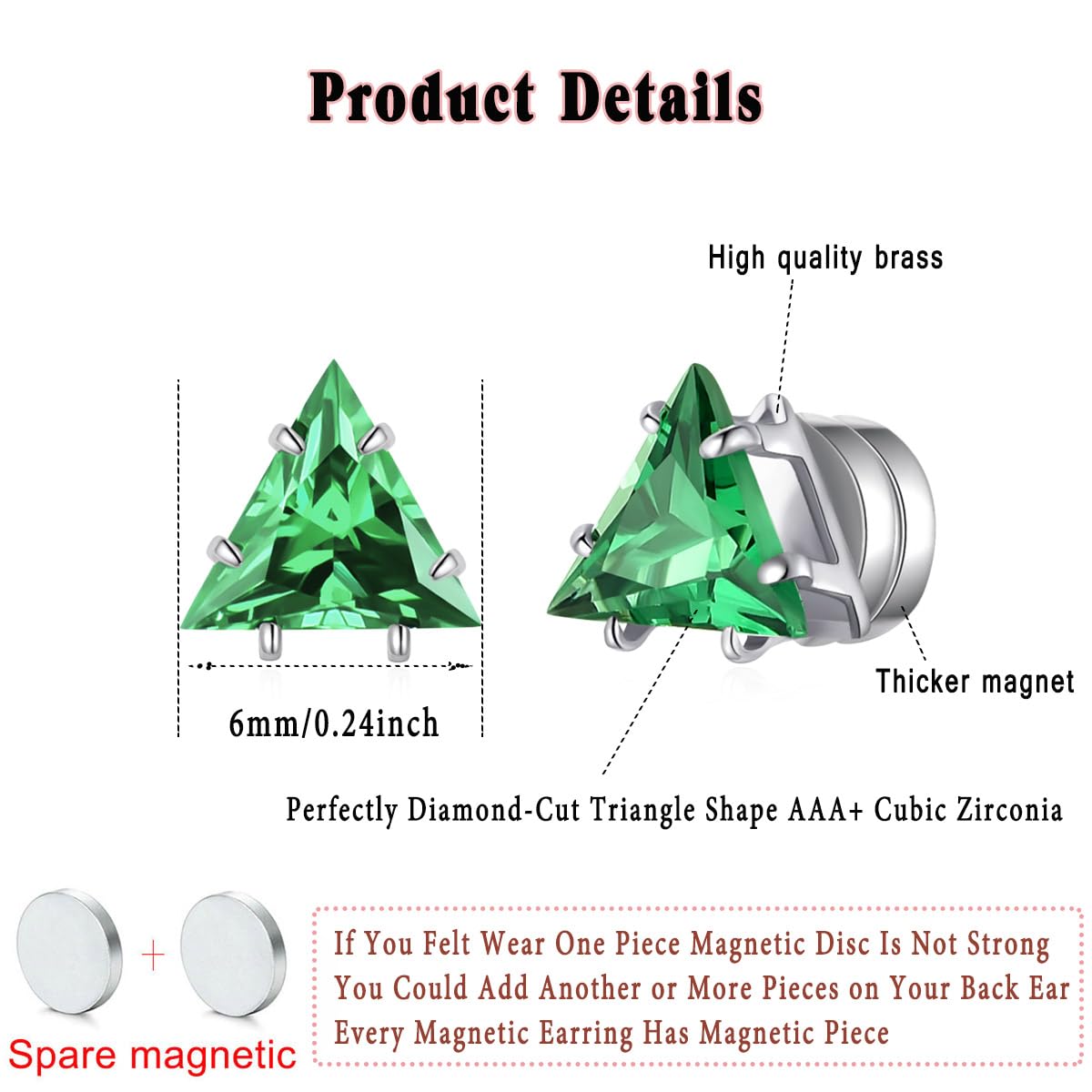 Spiritlele 12 Pairs Birthstone Magnetic Earrings Set Cubic Zirconia Clip on Non Piercing Fake Stud Earrings Birthday Gifts Unisex (Triangle)