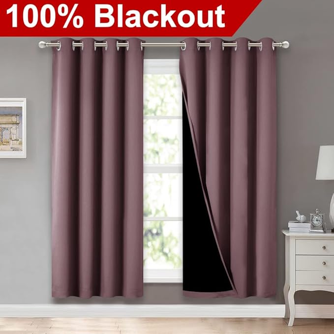 NICETOWN 100% Blackout Window Curtain Panels, Full Light Blocking Drapes with Black Liner for Nursery, 72-inch Drop Thermal Insulated Draperies (Dry Rose, 2 Pieces, 52-inch Wide Per Panel)