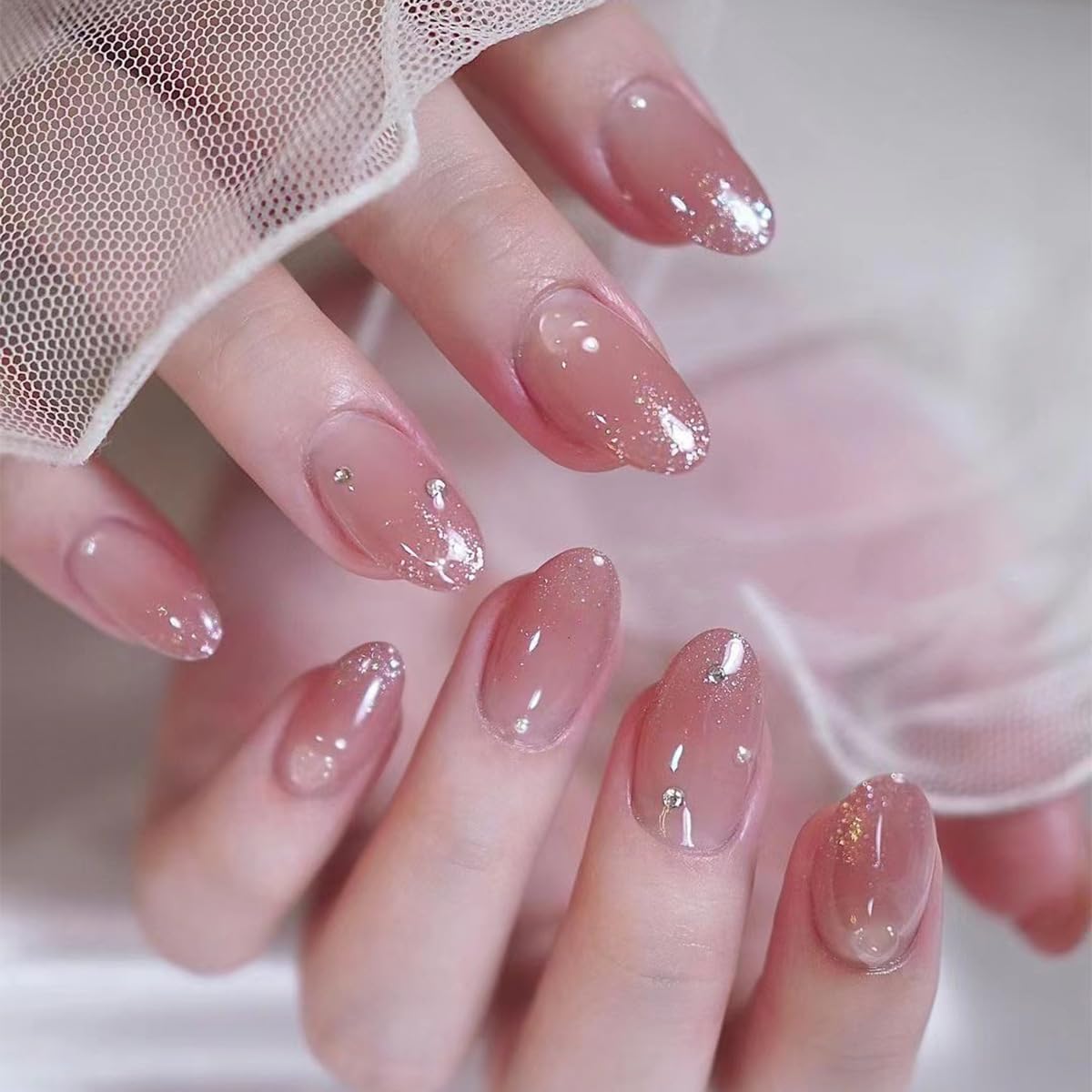 ORZOLATENT Medium Oval Press on Nails - Nude Pink Jelly Gradient Glitter False Nails, Fairy Shimmer Acrylic Nails with Rhinestones & Adhesive Tabs, Elegant Salon Finish for Brides (24 Pcs)