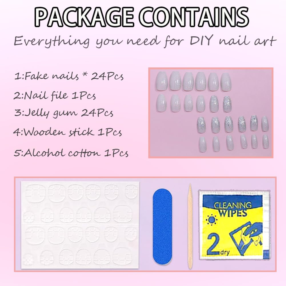 Hrnsnails Glitter Press On Nails Medium Coffin Fake Nails with Silver Bling Glitte Nail Press Ons Design, Artificial False Nails Press On Nail Kit Sparkly Sequins Stick On Nails for Women