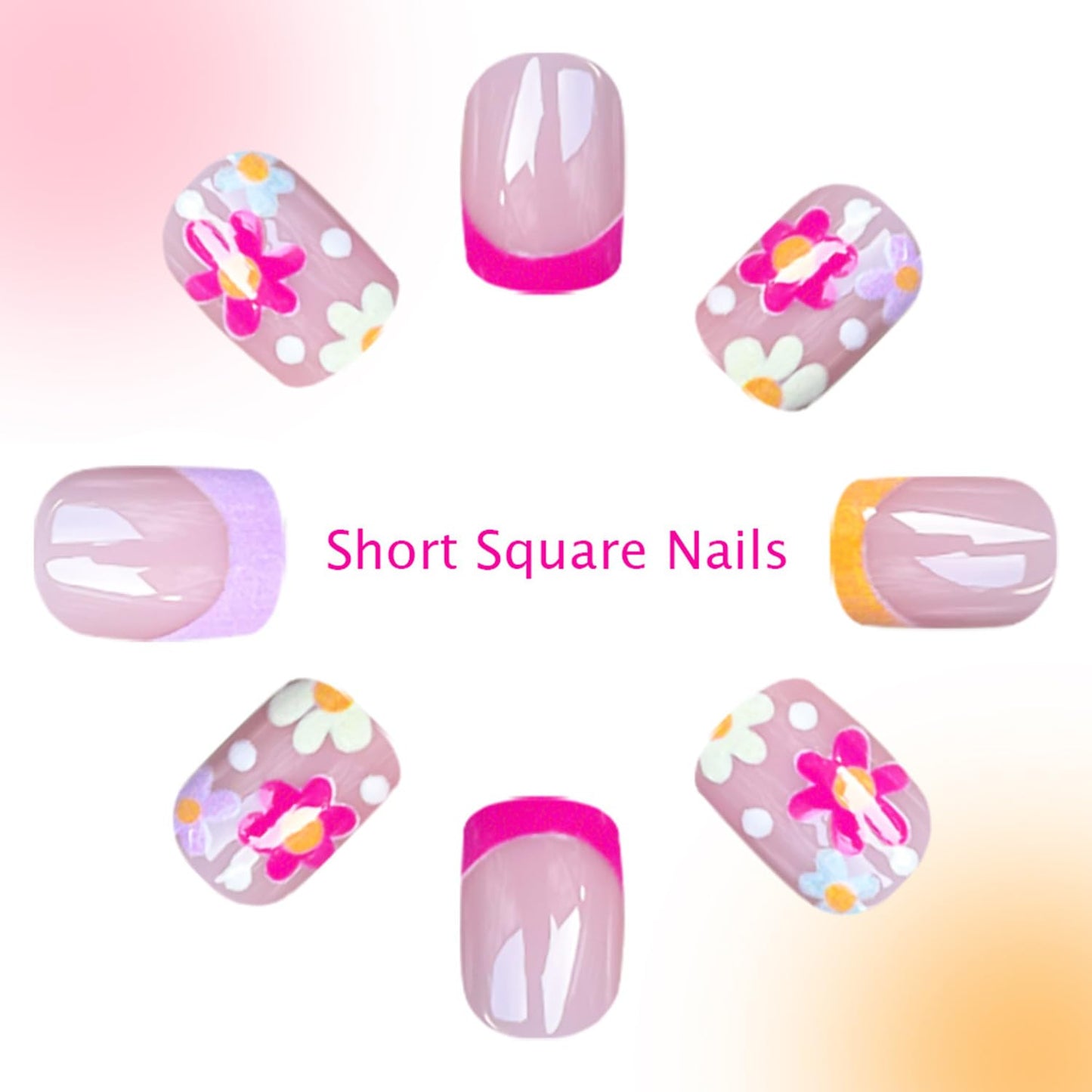 Short Press on Nails Oval Flower Fake Nails with Floral Designs French Tip Nails Press ons Rose Pink Spring Summer False Nails Glossy Full Cover Glue on Nails Artificial Stick on Nails for Women
