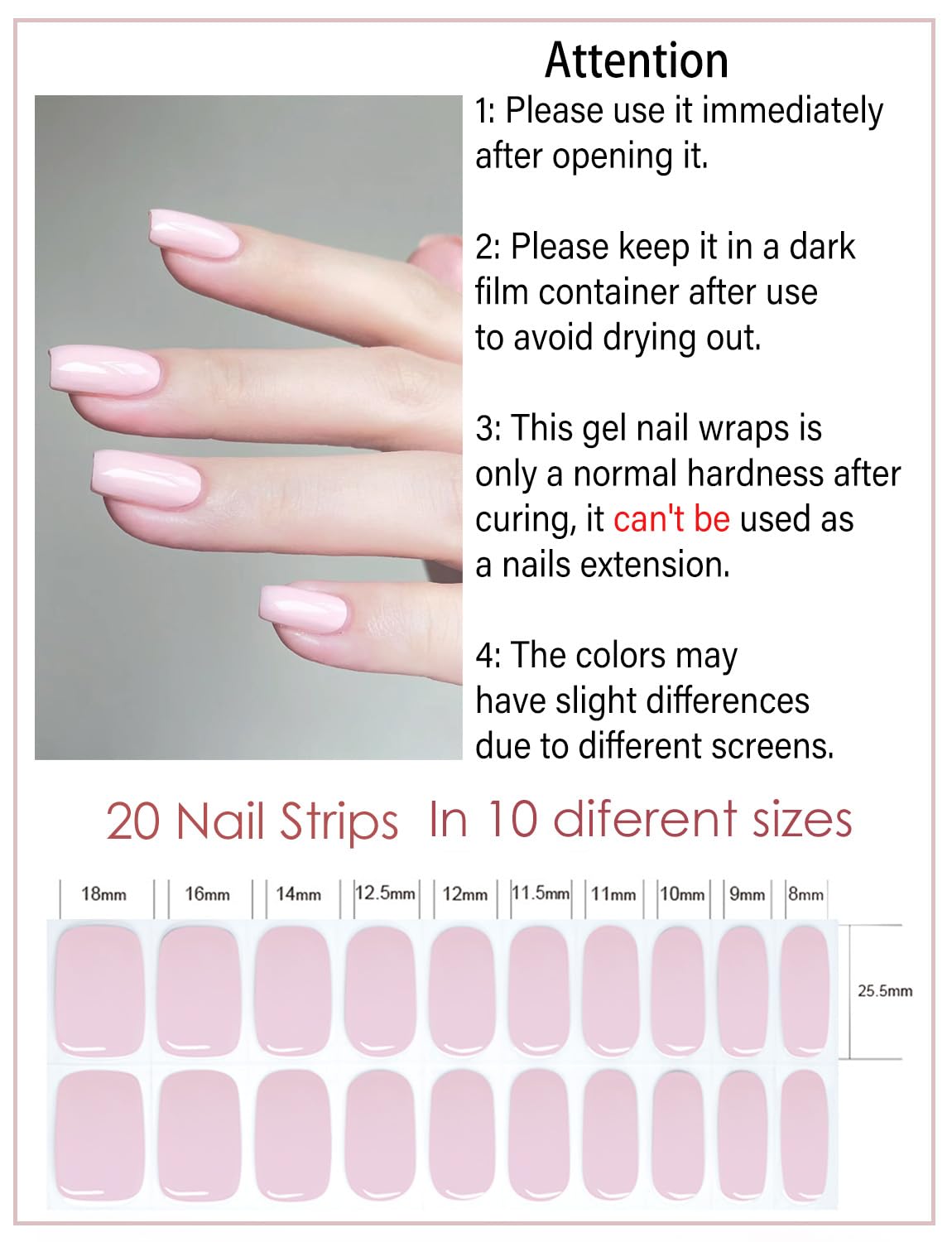 UV Gel Nail Stickers, Pink 20pcs Semi Cured Gel Nail Strips, Wraps for Home Manicure DIY