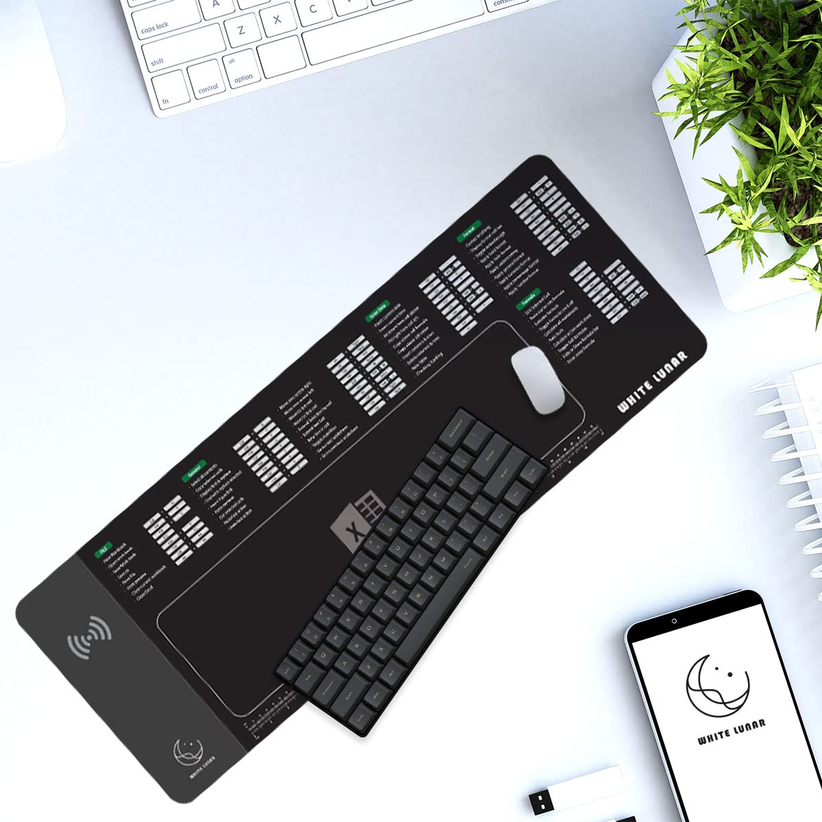 Excel Shortcut Mouse Pad with Wireless Charging (15W), Large Desk Mat for Office Productivity, Fast Qi Charger for iPhone & Samsung, Non-Slip Desk Setup for Work & Study