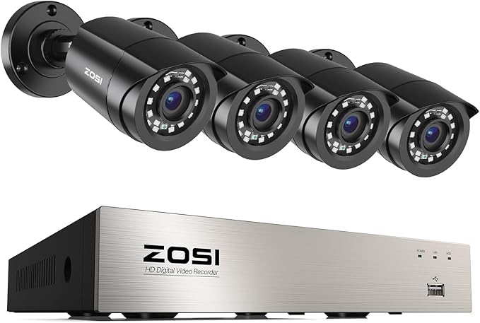 ZOSI 3K Lite Security Camera System Indoor Outdoor,AI Human/Vehicle Detection,Night Vision,Remote Access,4pcs 1080P 1920TVL Weatherproof Surveillance Cameras,H.265+ 8CH CCTV DVR(NO HDD)