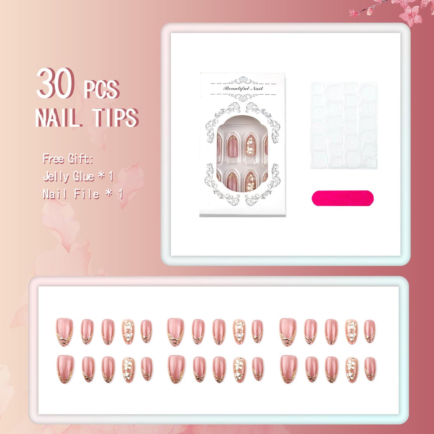 30Pcs Pink Glitter Press On Nails Almond Medium Fake Nails With Irregular Gold French Line Design Nail Press Ons Flower False Nails Glossy Spring Glue On Nails For Women Girls