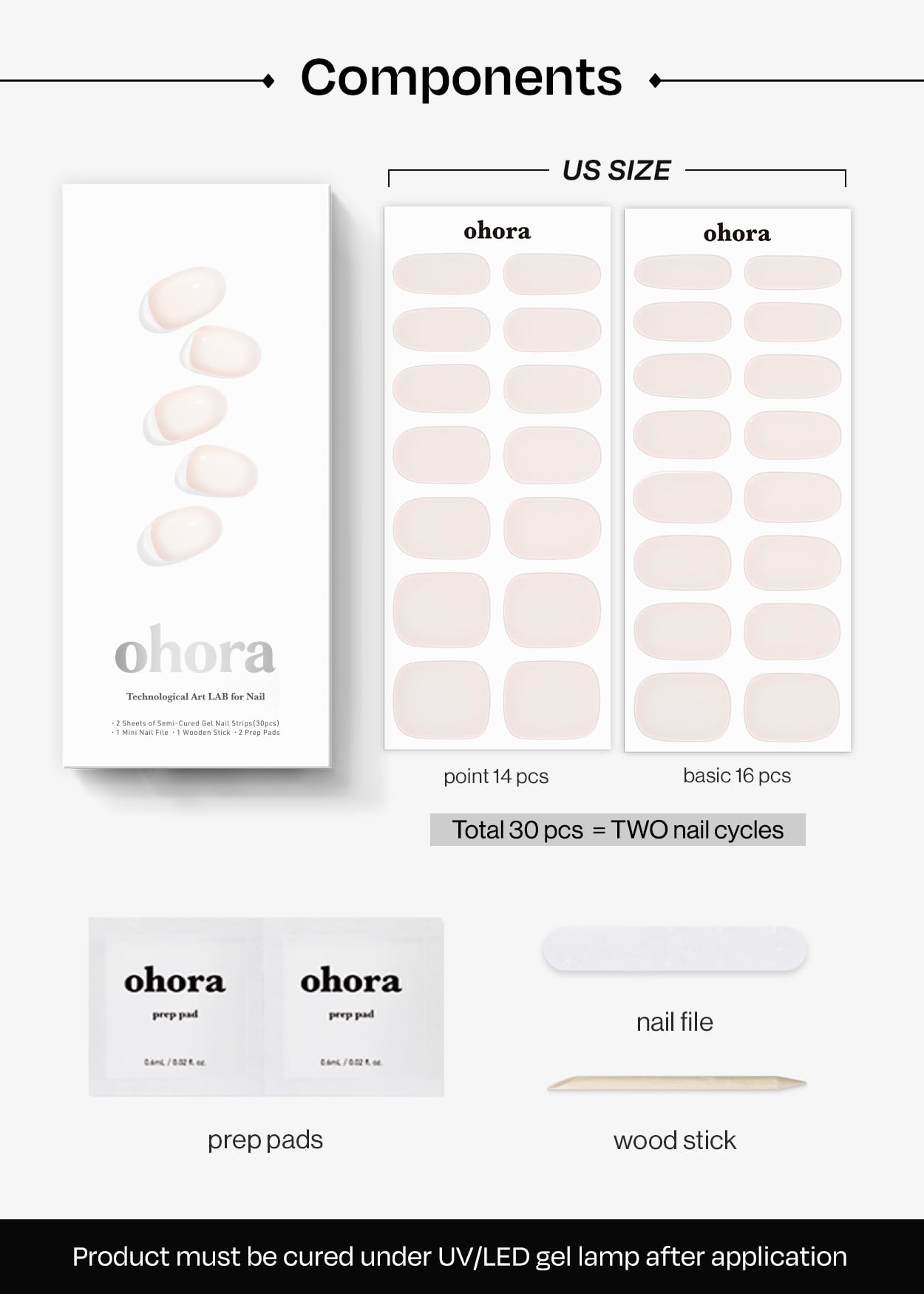 ohora Semi Cured Gel Nail Strips (N Coconut Jelly) - Works with Any Nail Lamps, Salon-Quality, Long Lasting, Easy to Apply & Remove - Includes 2 Prep Pads, Nail File & Wooden Stick