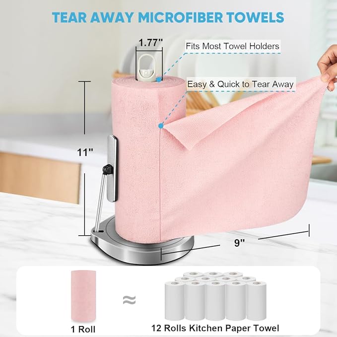 AIDEA Microfiber Cleaning Cloth Roll, 55 Sheets, Pink Towel, Microfiber Towels for Cars, Reusable Paper Towels, Shop Rags Washable, Cleaning Rags for Automotive, House, Kitchen, Cleaning Supplies11×9"