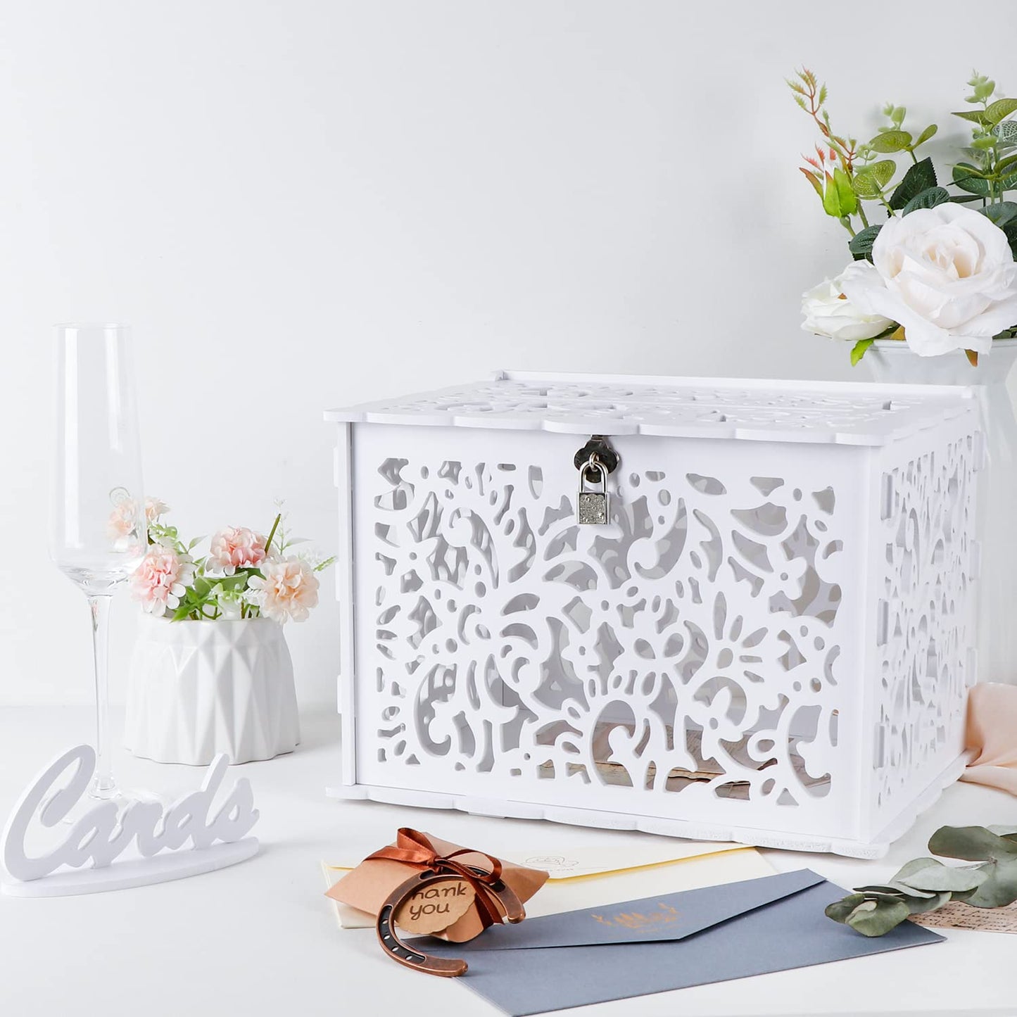 OurWarm White Wedding Card Box with Lock, PVC Gift Card Box for Wedding Decorations for Reception, Money Gift Boxes for Party Reception Anniversary Bridal Baby Shower Decorations
