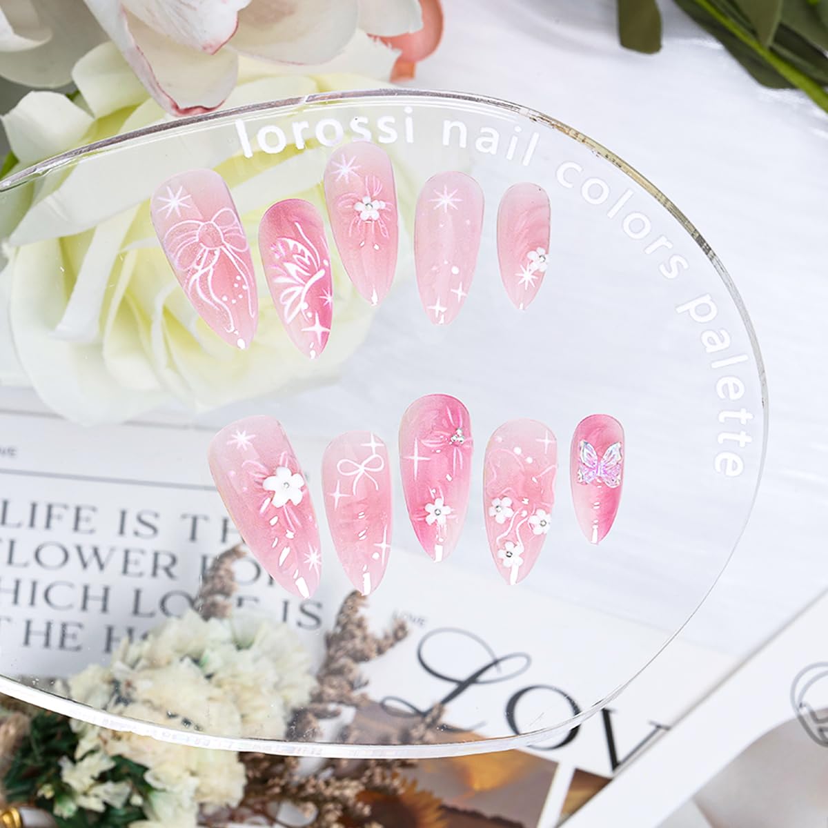 BMKKOT 24Pcs Pink Almond Nails-12: 3D Flower Acrylic Nails, Butterfly Bow, Water Ripple Design, Glossy Finish, Full Cover Nail, ABS Material, Almond Shape, Press-On False Nails