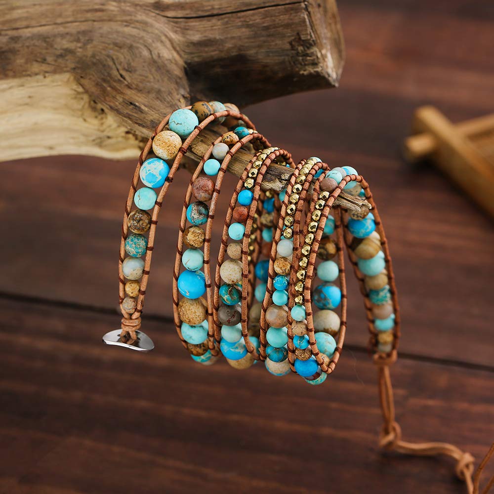 Plumiss 4mm 6mm 8mm Turquoise Jasper Hematite Bead Mixed 5 Wraps Stackable Bracelet Jewelry
