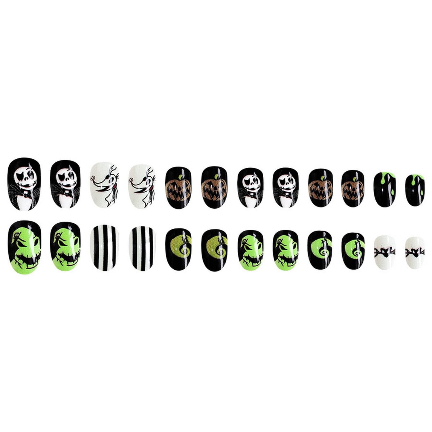 Halloween Press on Nails Short Almond Fake Nails with Skeleton Bat Pumpkin designs Spooky Nails Glossy Stick on Nails Black White Stripe False Nails Glue on Nails for Women Halloween Press ones 24pcs
