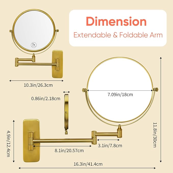GURUN 8" Wall Mounted Makeup Mirror with 7X Magnification,Two-Sided Swivel Bathroom Mirror,Brushed Gold Finish M1406GJ(8",7X)