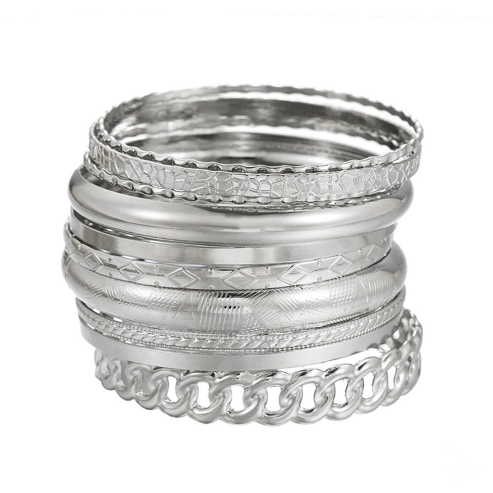 RINTOLER 10Pcs Chunky Silver Bangle Bracelets Set for Women - Multi Layer Stackable Textured Bracelets Indian Bangles Boho Jewelry Set (B-10PC-Silver)