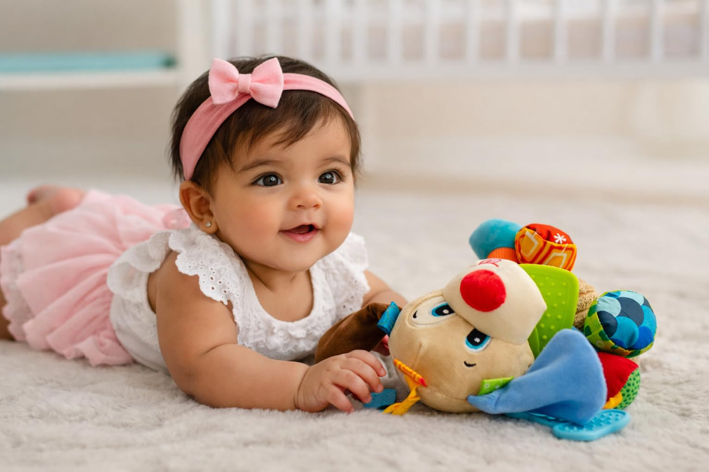 Balibazoo Puppy Paul Hanging Baby Toy for 0-24M - Developmental Sensory Activity Toy | Crinkle, Rattle, BPA-Free Silicone Teethers | Clip for Stroller, Car Seat | Soft Plush Newborn Gift