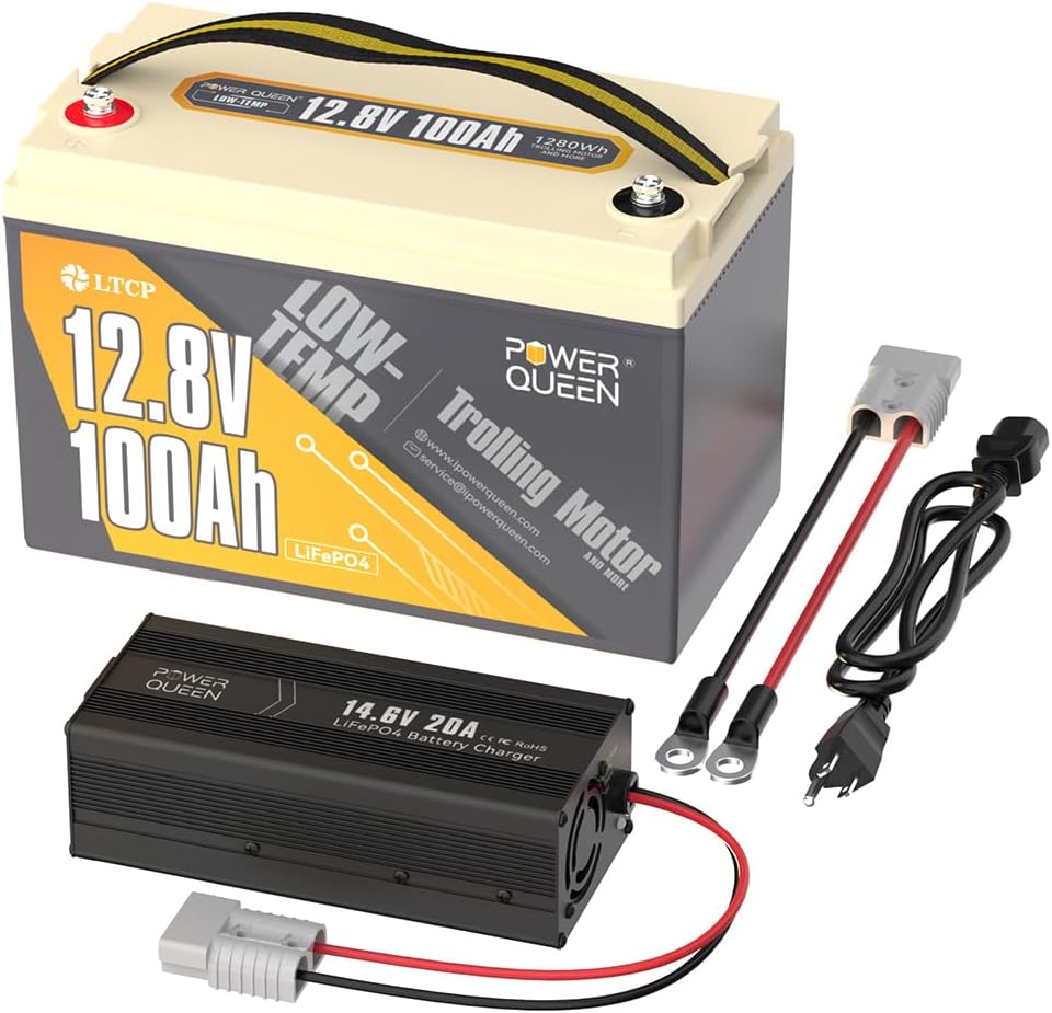 Power Queen 12.8V 100Ah Low-Temp LiFePO4 Battery with 12V20A Charger, Low Temperature Protection, Built-in 100A BMS, Grade A Battery Cell, Up to 15000+ Cycles, Perfect for Trolling Motor, Marine, RV