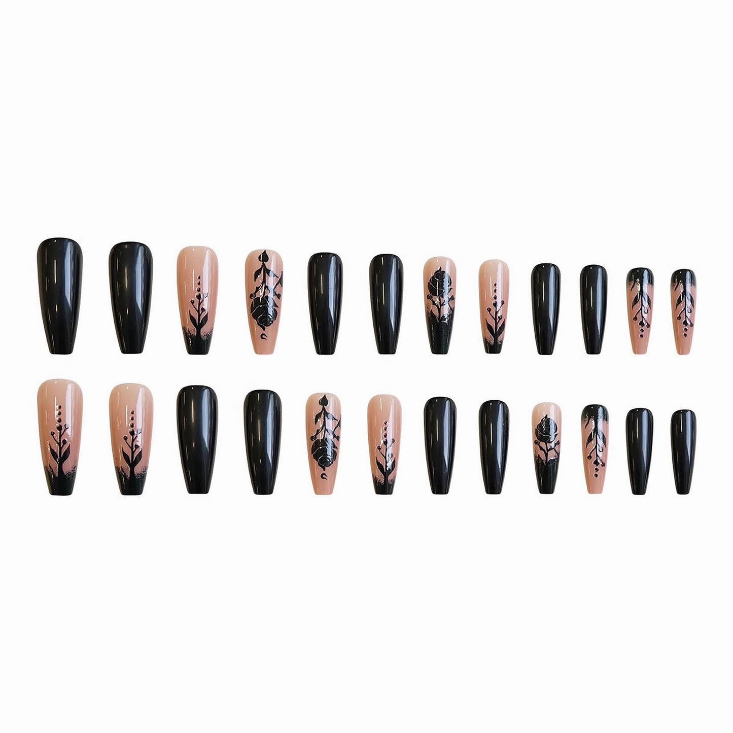 MISUD Press on Nails - Long Coffin Glue on Nails with Goth Black, Acrylic Gothic Rose Design 24 pcs