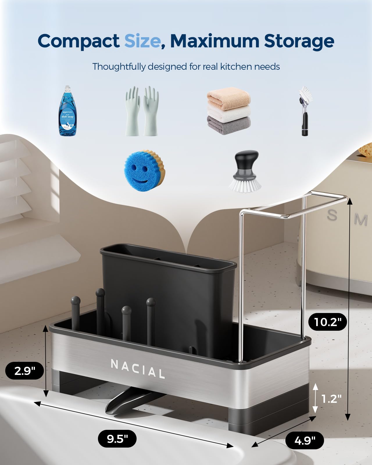 Nacial Kitchen Sink Caddy Organzier with High Brush Holder, Sponge Holder for Kitchen Sink with Two Towel Racks - Rustproof 304 Stainless Steel Kitchen Countertop Storage Essentials