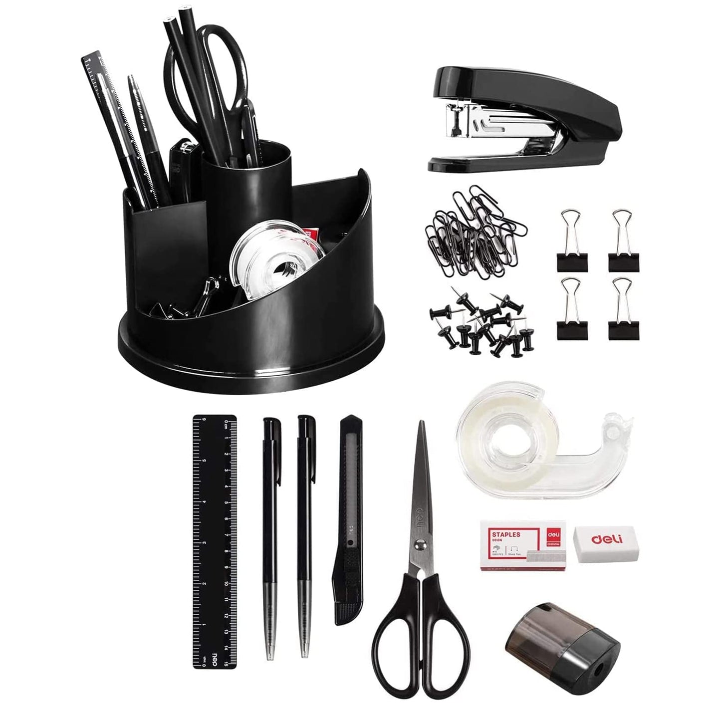 Deli 15 Pcs Office Supplies Kit with Desk Organizer, Desk Accessories Set with Staple, Sharpener, Scissors, Binder Clips
