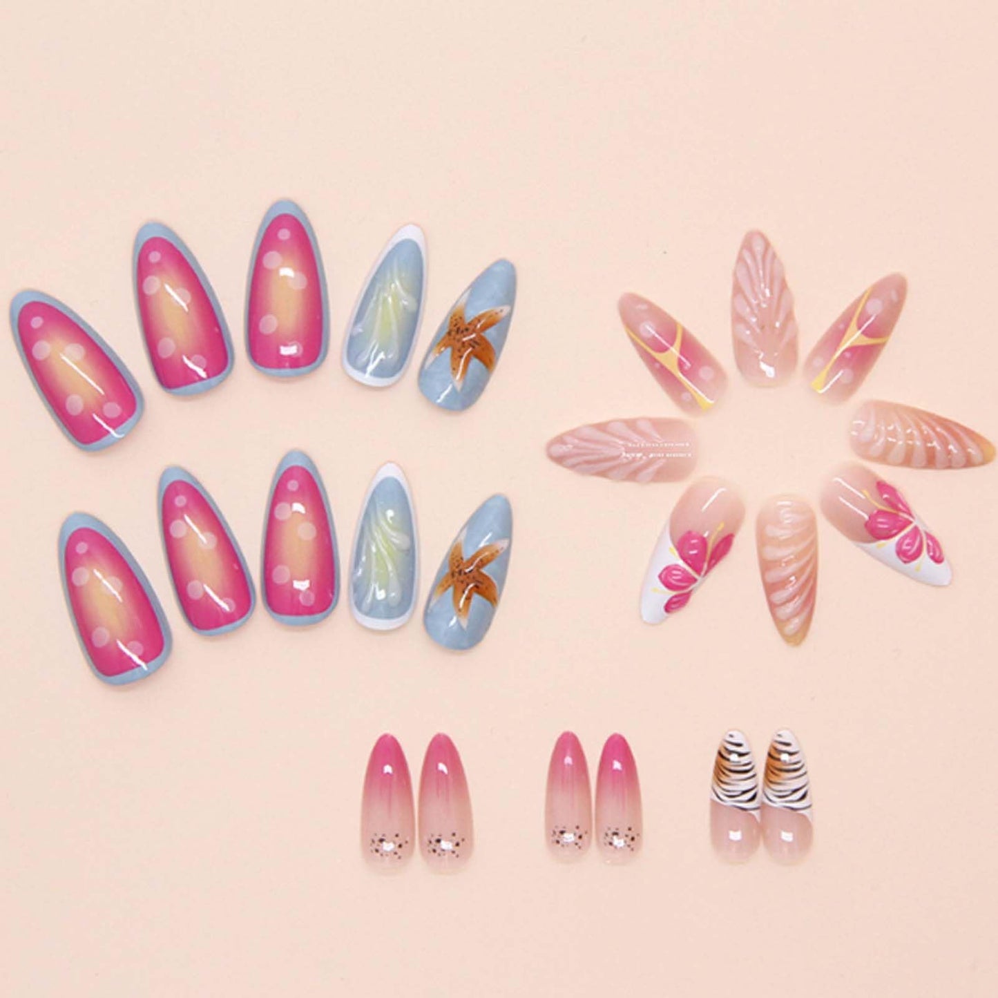 Hkanlre Almond Fake Nude Nails Tips Full Cover False Medium Nails Summer Flower Press on Nails for Women 24PCS