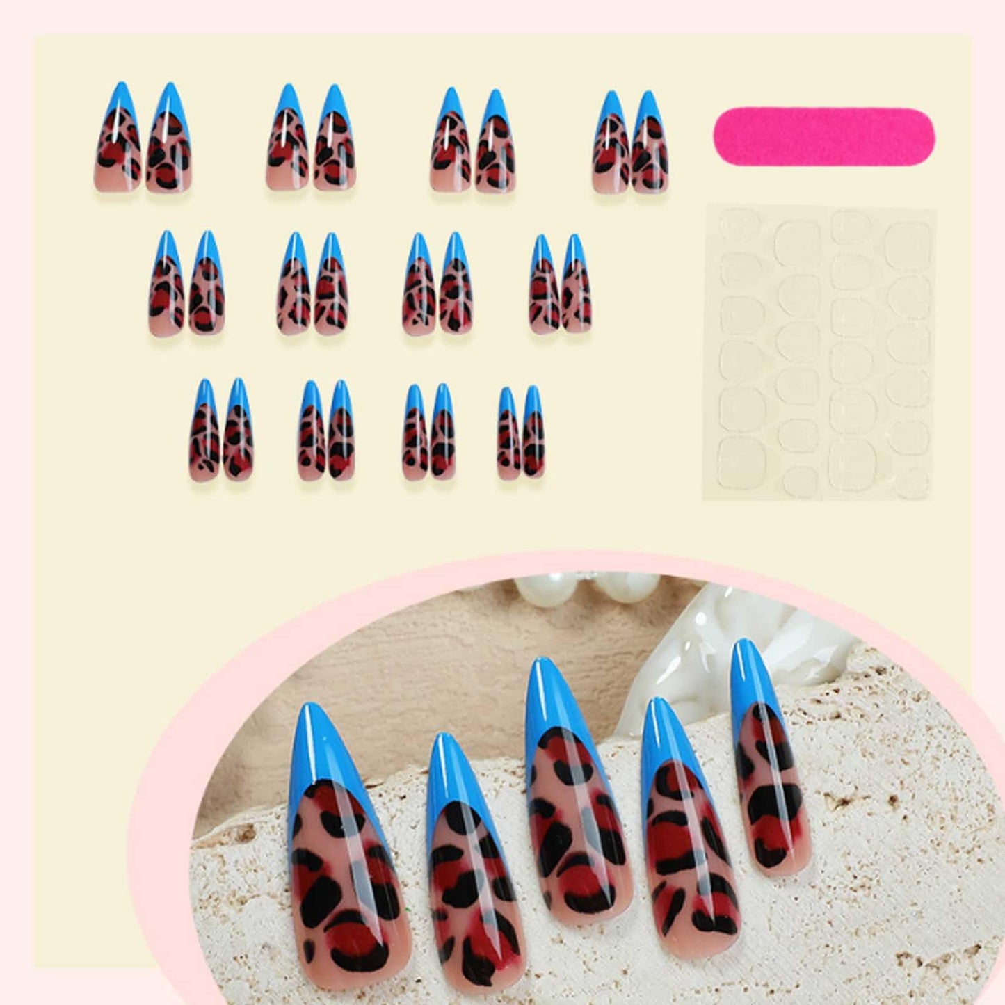 Hkanlre Long Press on Nails Stiletto Tips Full Cover French False Nails Leopard Print Fake Nails for Women 24PCS