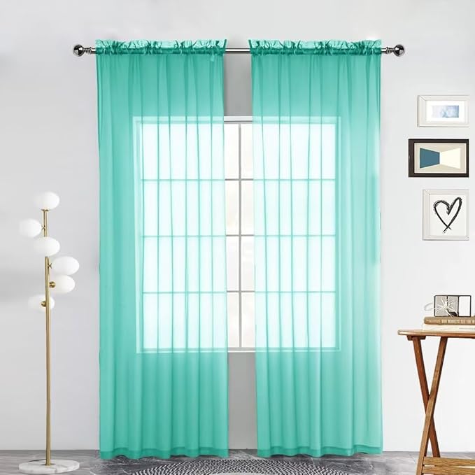 SpaceDresser Sheer Voile Window Treatment Rod Pocket Curtain Panels for Kitchen Bedroom Living Room Drapes Sunlight Filtering Privacy Semi Home Decor Assorted Colors Sizes (Turquoise, 52 W x 108 L)