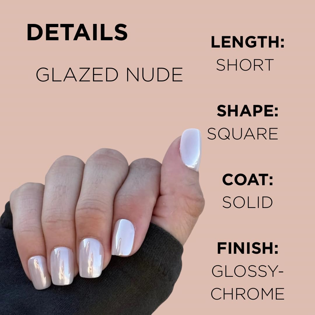 GLAZED NUDE Press-On Nails by Lavaa Beauty | Short Square Nude Pearly Chrome Finish