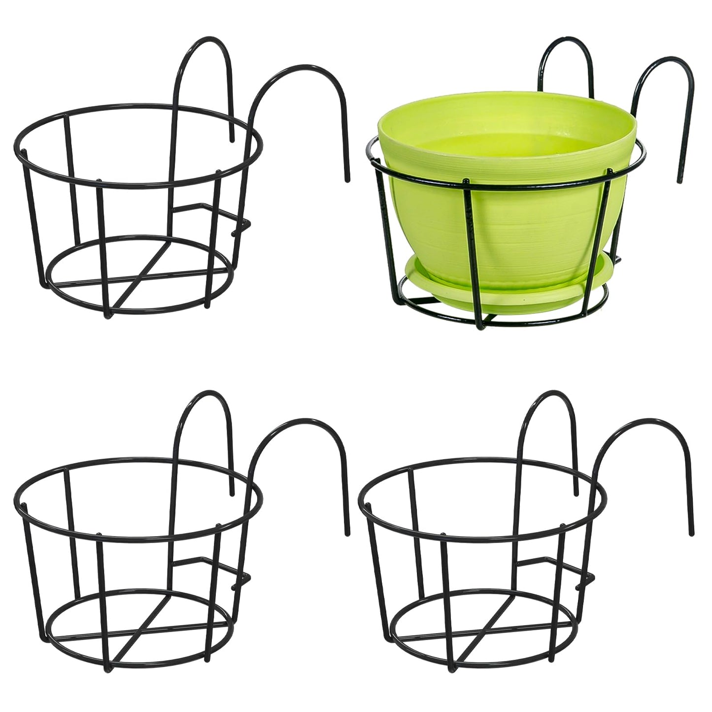 Leoenir 4 Pack Round Hanging Railing Planters - Metal Flower Pot Holder for Balcony and Fence （Black）