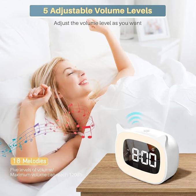 Cute Cat Ear Alarm Clock with Night Light for Bedroom,White