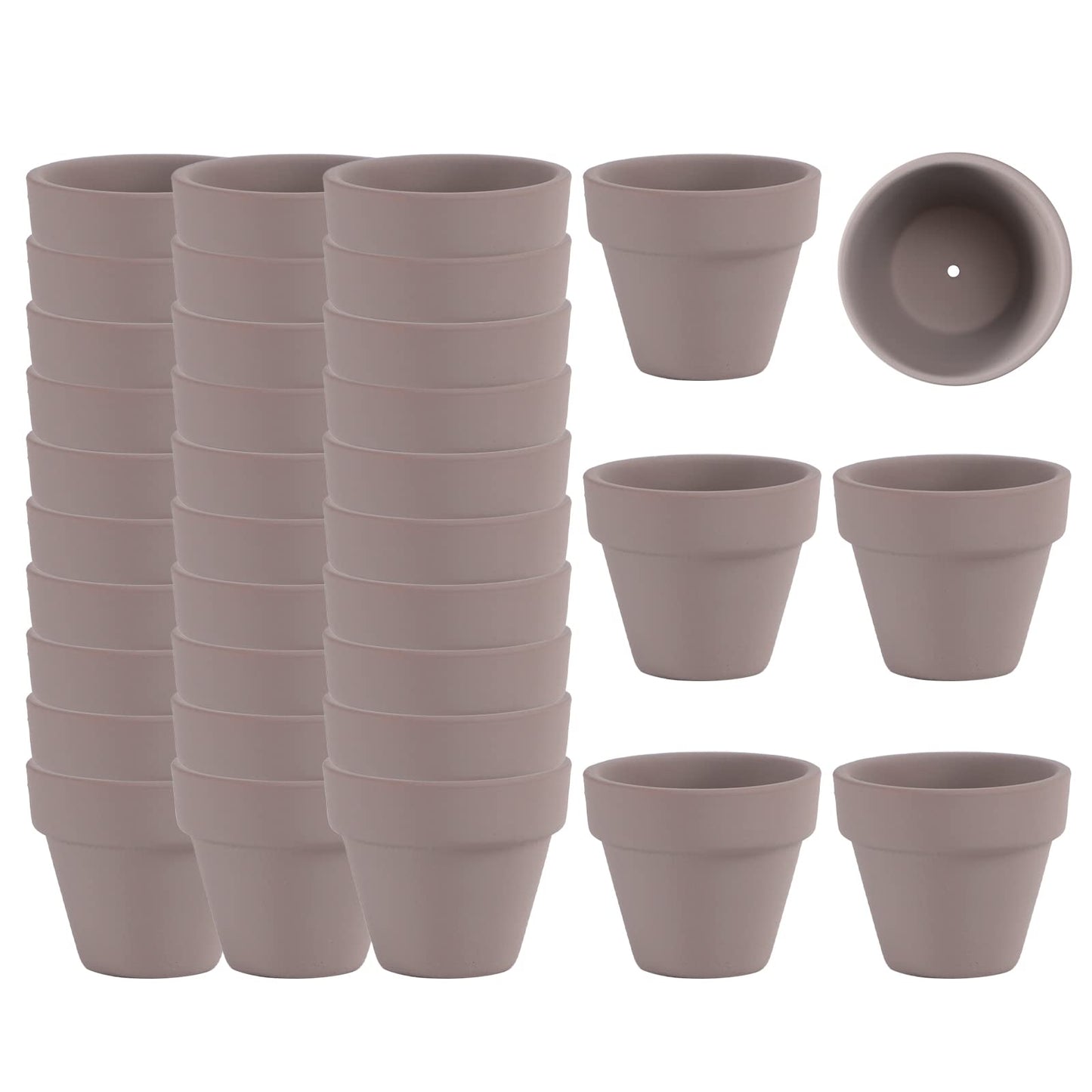 36 Mini Grey Flower Pots - 2 inch Clay, Cactus & Succulent Nursery Pots with Drainage Holes, Indoor/Outdoor Suitable