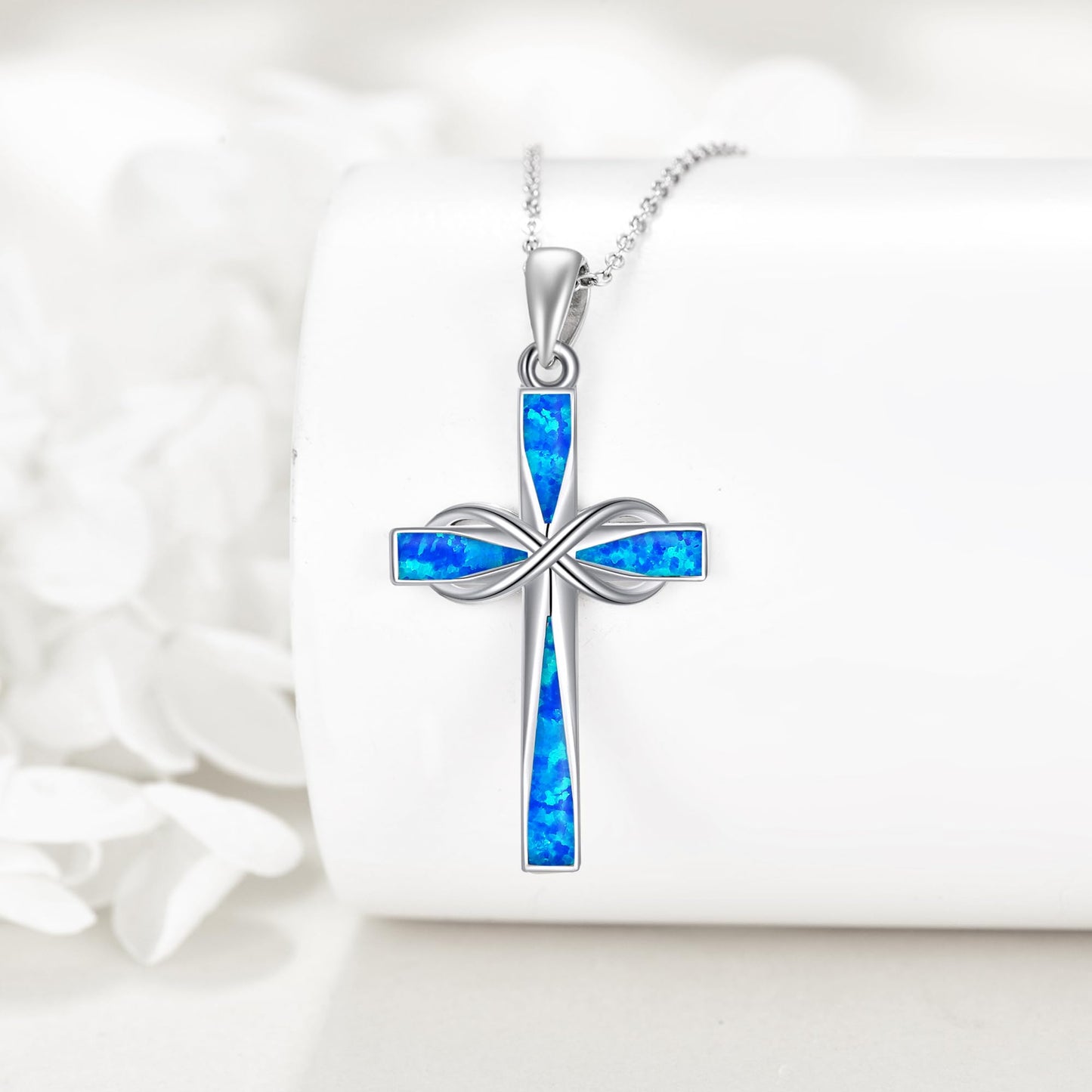 ONEFINITY Infinity Cross Necklace 925 Sterling Silver Blue Opal Pendant Necklace Cross Jewelry Gifts For Women Men