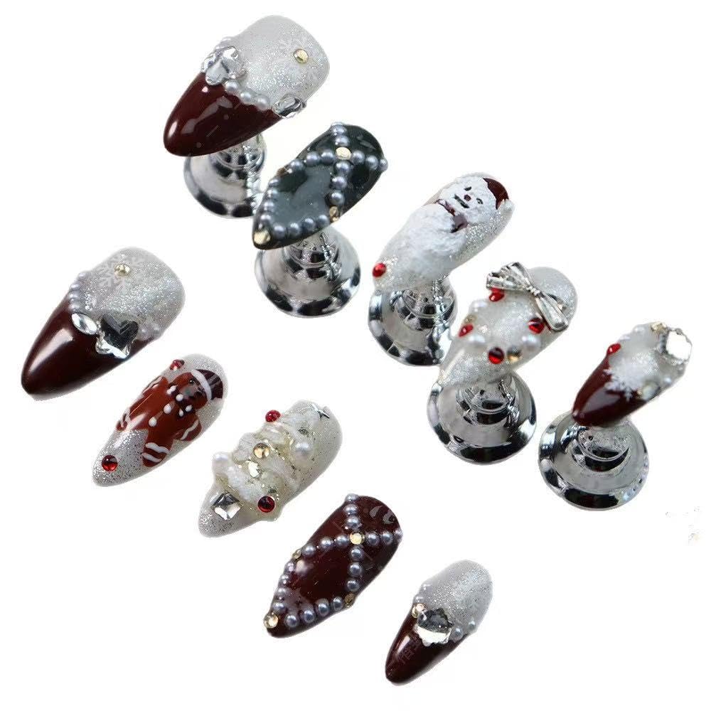100% Handmade Press on Nails Christmas Press on Nails Medium Almond Shape Dark Red French Tips Snowman Design Rhinestones Christmas Tree Gingerbread Man Wintner Xmas Nails for Women Size M