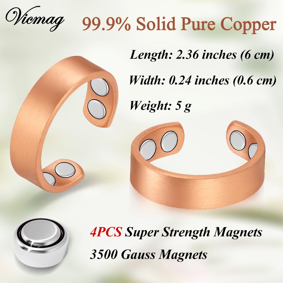 Vicmag Copper Magnetic Rings for Women 99.9% Copper Finger Ring Ultra Strength Magnet Gift Adjustable