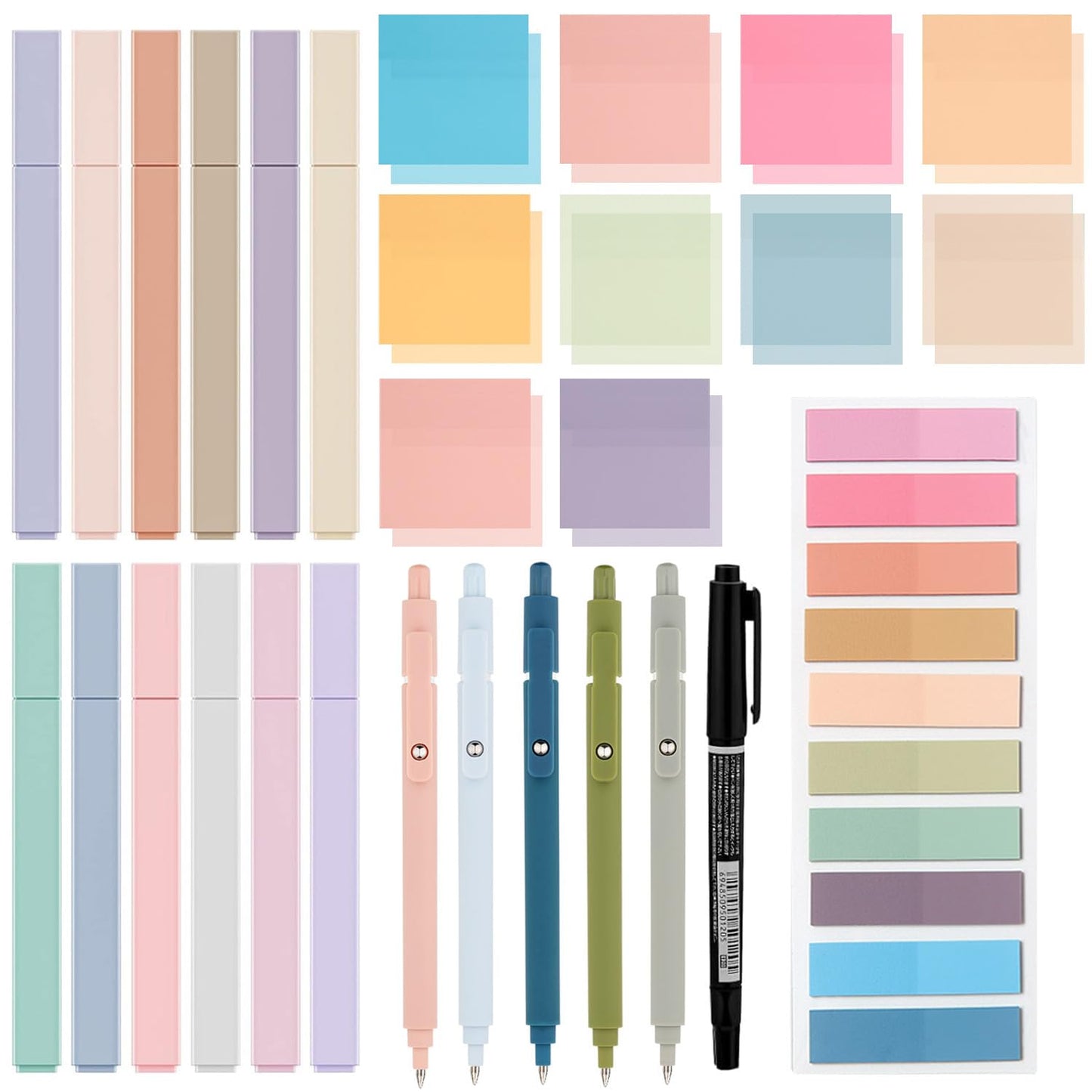 DHYLRICHER 38 PCS Annotation Set with Aesthetic Highlighters, Gel Pens, Sticky Notes & Tabs, Dual Tip, Fast Dry Ink Pens for Book Marking and Office Use