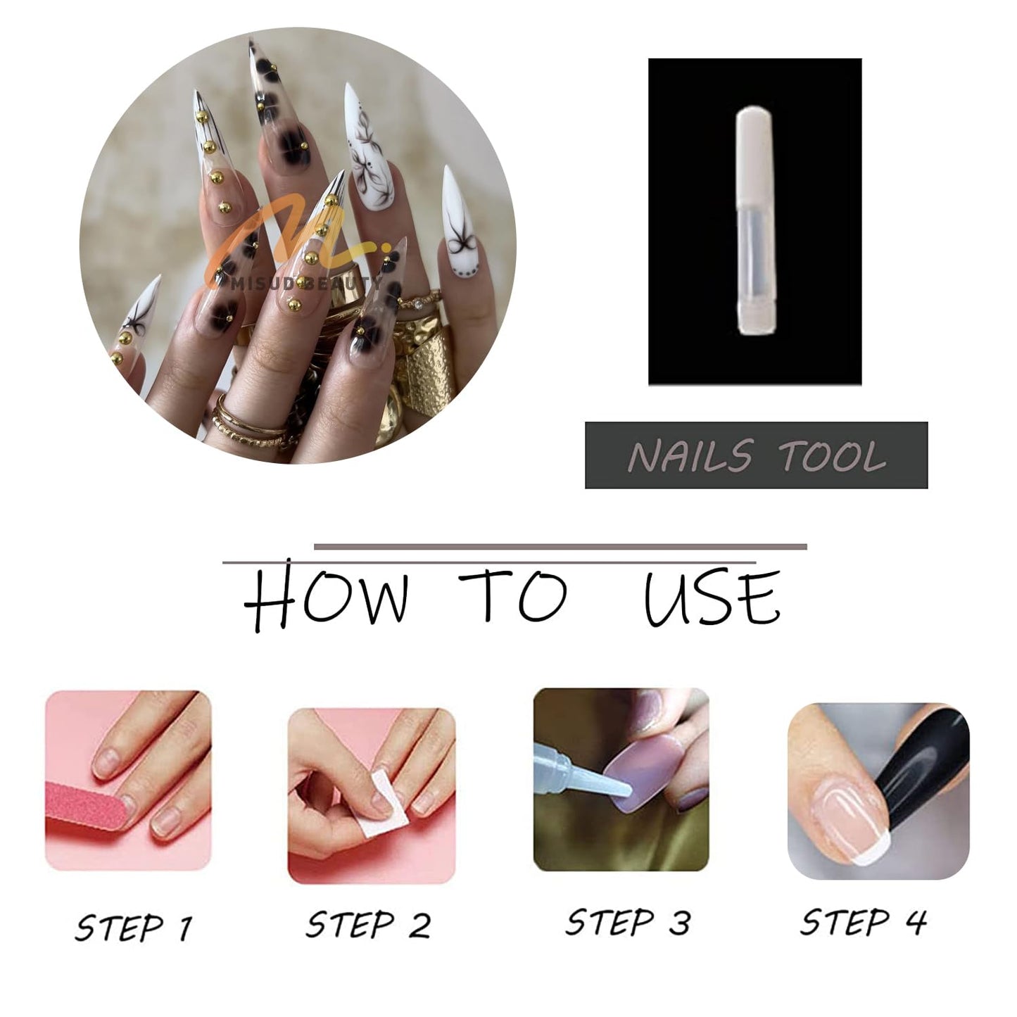 MISUD Press on Nails - Long Stiletto Fake Nails with Black White, Acrylic Handmade Gold Bead Design 24 pcs