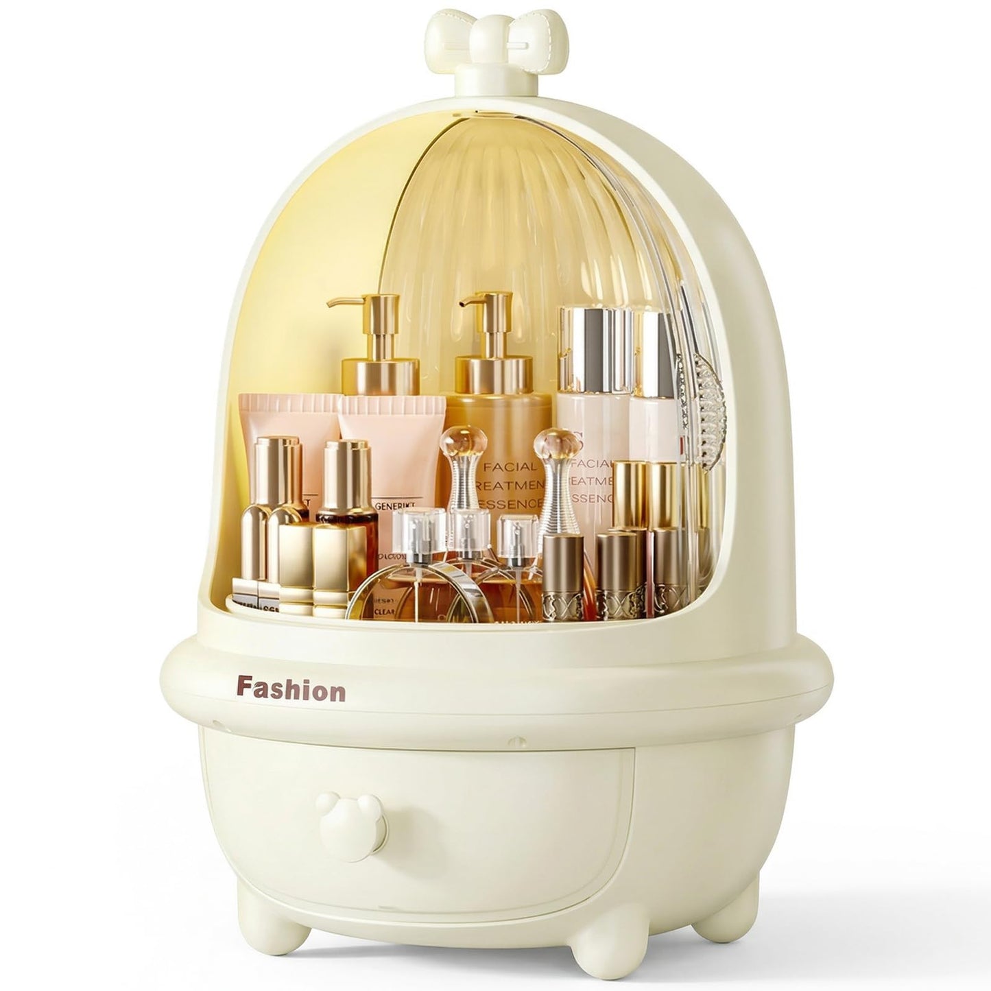 TIMBERHIDE 360° Rotating Cosmetic Storage Box,Cute Fashion Makeup Organizer with Drawer,Dustproof Skincare Display Case for Vanity Countertop Bathroom,Ideal Gift for Women（Cream）