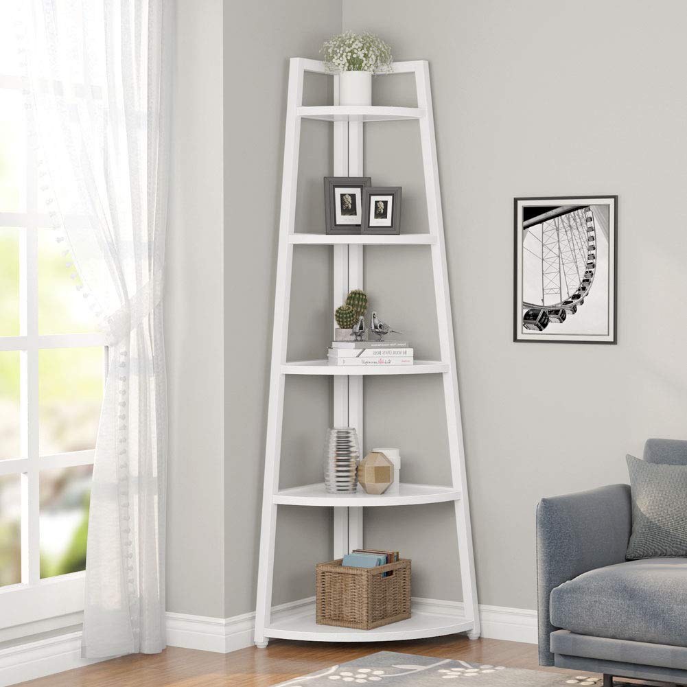 Tribesigns 70 inch Tall Corner Shelf, 5 Tier Modern Corner Bookshelf Bookcase Industrial Corner Ladder Shelf Plant Stand for Living Room, Kitchen, Home Office (White)