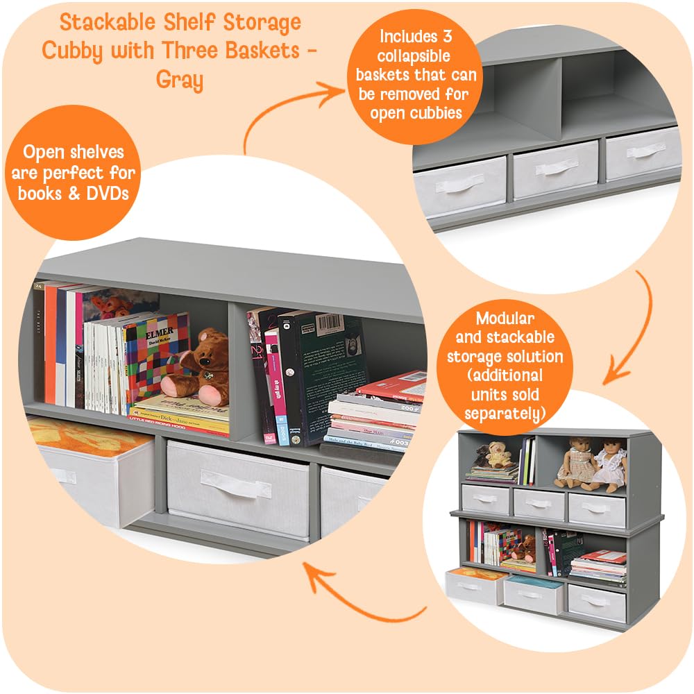 Badger Basket Stackable Toy Storage Organizer - 5-Shelf Modular Unit with 3 Removable Fabric Bins, Solid Panel Construction, Expandable Design for Toys and Crafts - Gray